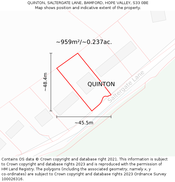 QUINTON, SALTERGATE LANE, BAMFORD, HOPE VALLEY, S33 0BE: Plot and title map