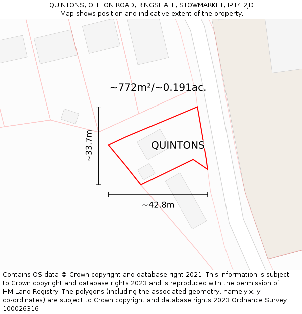 QUINTONS, OFFTON ROAD, RINGSHALL, STOWMARKET, IP14 2JD: Plot and title map
