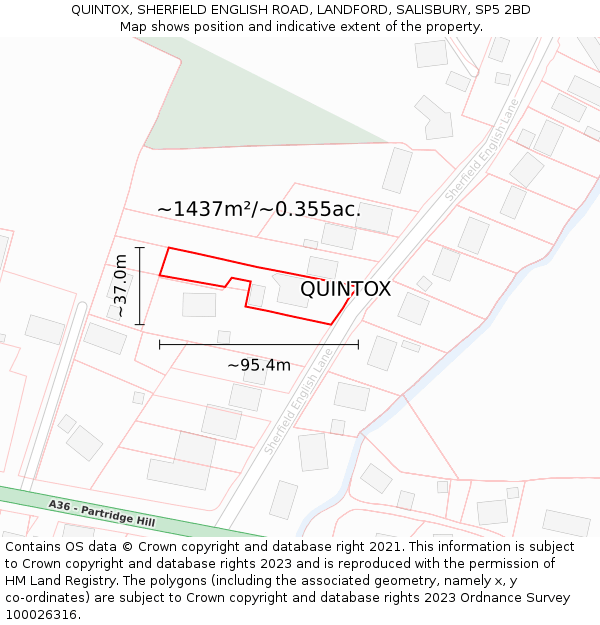 QUINTOX, SHERFIELD ENGLISH ROAD, LANDFORD, SALISBURY, SP5 2BD: Plot and title map