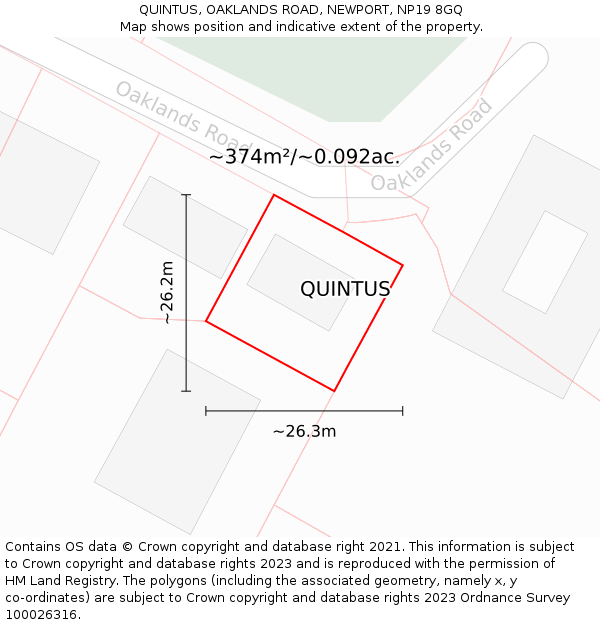 QUINTUS, OAKLANDS ROAD, NEWPORT, NP19 8GQ: Plot and title map
