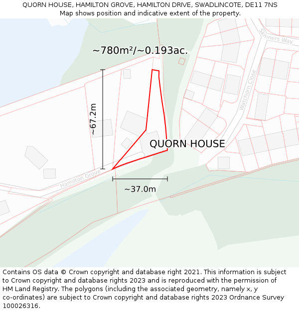 QUORN HOUSE, HAMILTON GROVE, HAMILTON DRIVE, SWADLINCOTE, DE11 7NS: Plot and title map