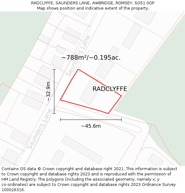 RADCLYFFE, SAUNDERS LANE, AWBRIDGE, ROMSEY, SO51 0GP: Plot and title map