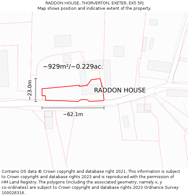 RADDON HOUSE, THORVERTON, EXETER, EX5 5PJ: Plot and title map