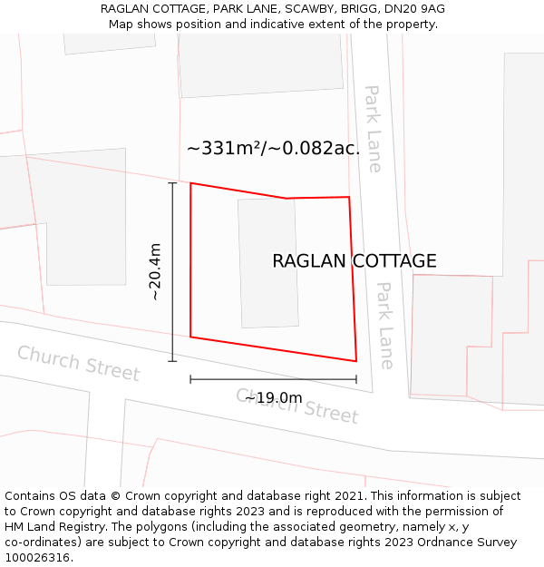 RAGLAN COTTAGE, PARK LANE, SCAWBY, BRIGG, DN20 9AG: Plot and title map