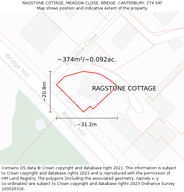 RAGSTONE COTTAGE, MEADOW CLOSE, BRIDGE, CANTERBURY, CT4 5AT: Plot and title map