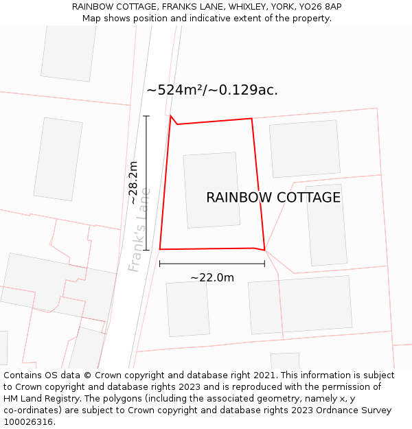 RAINBOW COTTAGE, FRANKS LANE, WHIXLEY, YORK, YO26 8AP: Plot and title map