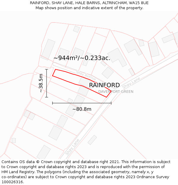 RAINFORD, SHAY LANE, HALE BARNS, ALTRINCHAM, WA15 8UE: Plot and title map