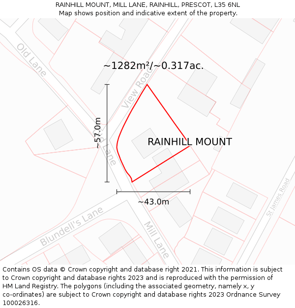 RAINHILL MOUNT, MILL LANE, RAINHILL, PRESCOT, L35 6NL: Plot and title map