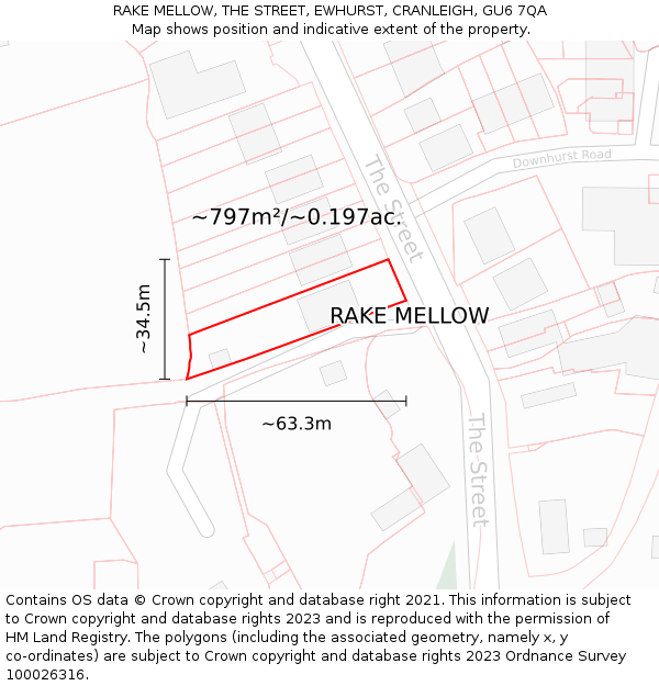 RAKE MELLOW, THE STREET, EWHURST, CRANLEIGH, GU6 7QA: Plot and title map