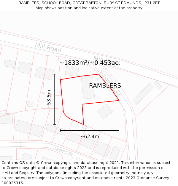 RAMBLERS, SCHOOL ROAD, GREAT BARTON, BURY ST EDMUNDS, IP31 2RT: Plot and title map
