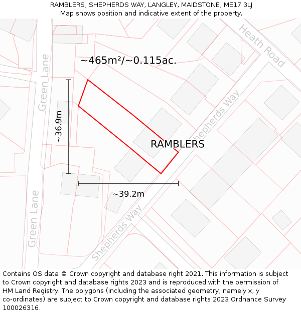 RAMBLERS, SHEPHERDS WAY, LANGLEY, MAIDSTONE, ME17 3LJ: Plot and title map