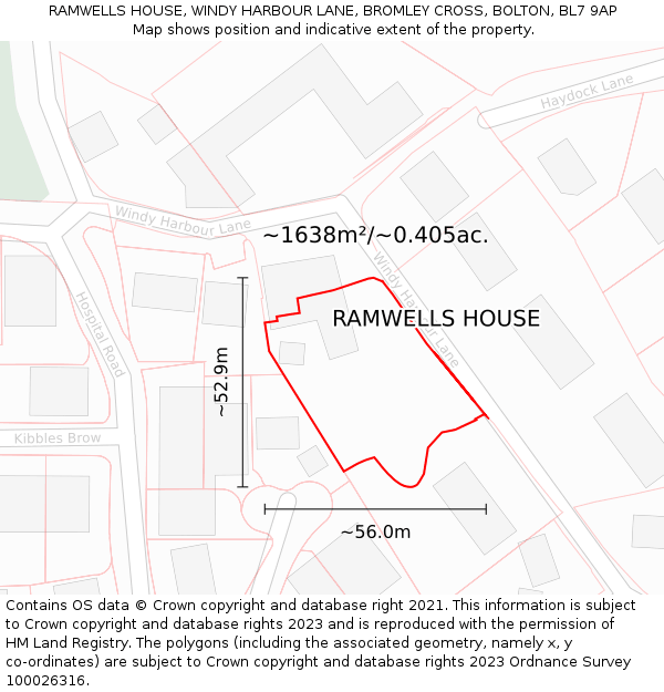 RAMWELLS HOUSE, WINDY HARBOUR LANE, BROMLEY CROSS, BOLTON, BL7 9AP: Plot and title map