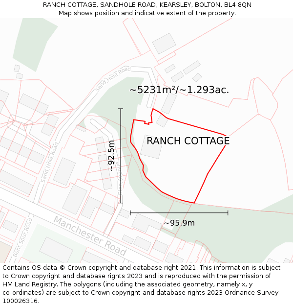 RANCH COTTAGE, SANDHOLE ROAD, KEARSLEY, BOLTON, BL4 8QN: Plot and title map