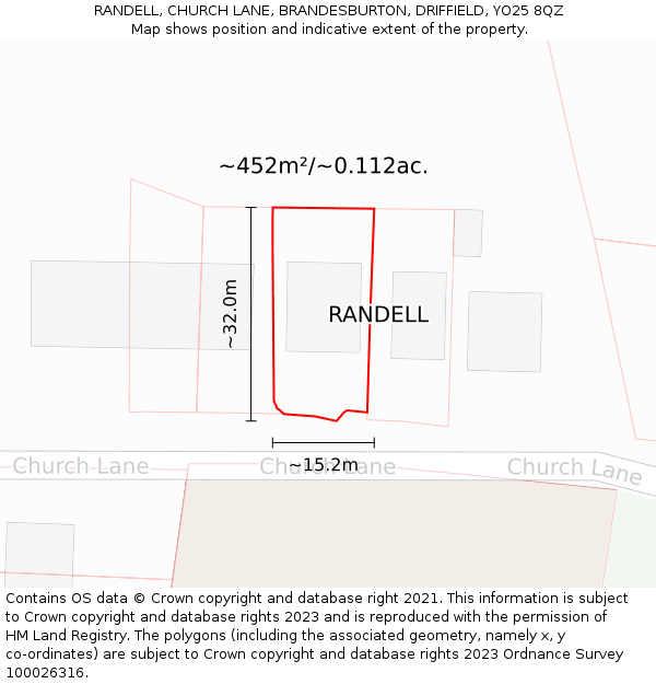 RANDELL, CHURCH LANE, BRANDESBURTON, DRIFFIELD, YO25 8QZ: Plot and title map