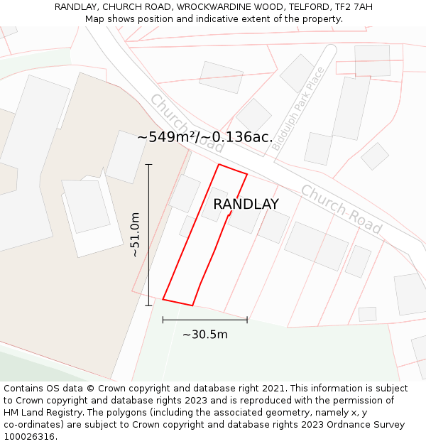 RANDLAY, CHURCH ROAD, WROCKWARDINE WOOD, TELFORD, TF2 7AH: Plot and title map