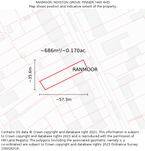 RANMOOR, ROYSTON GROVE, PINNER, HA5 4HD: Plot and title map