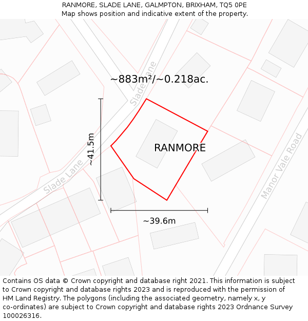 RANMORE, SLADE LANE, GALMPTON, BRIXHAM, TQ5 0PE: Plot and title map