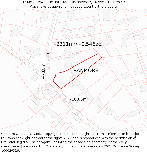 RANMORE, WATERHOUSE LANE, KINGSWOOD, TADWORTH, KT20 6DT: Plot and title map