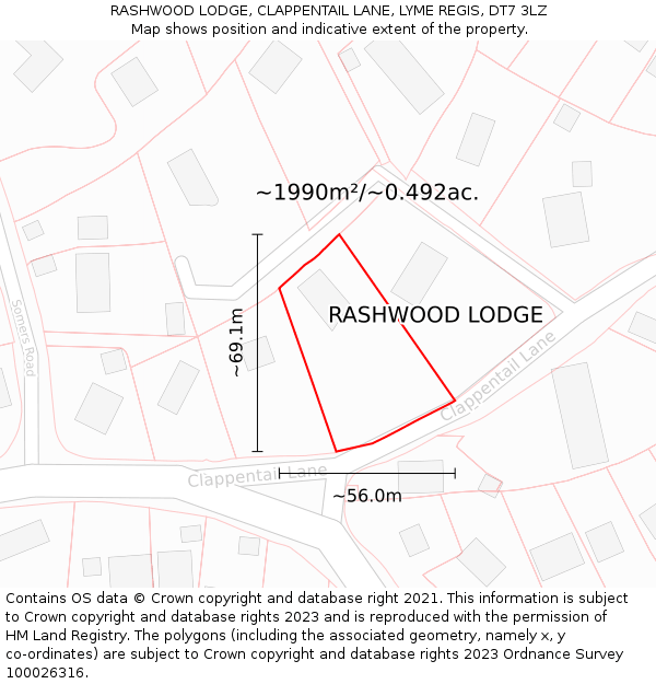 RASHWOOD LODGE, CLAPPENTAIL LANE, LYME REGIS, DT7 3LZ: Plot and title map