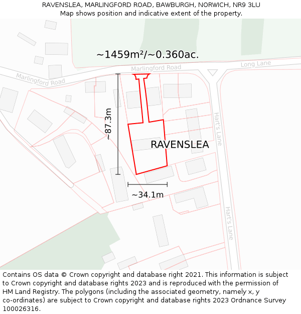 RAVENSLEA, MARLINGFORD ROAD, BAWBURGH, NORWICH, NR9 3LU: Plot and title map