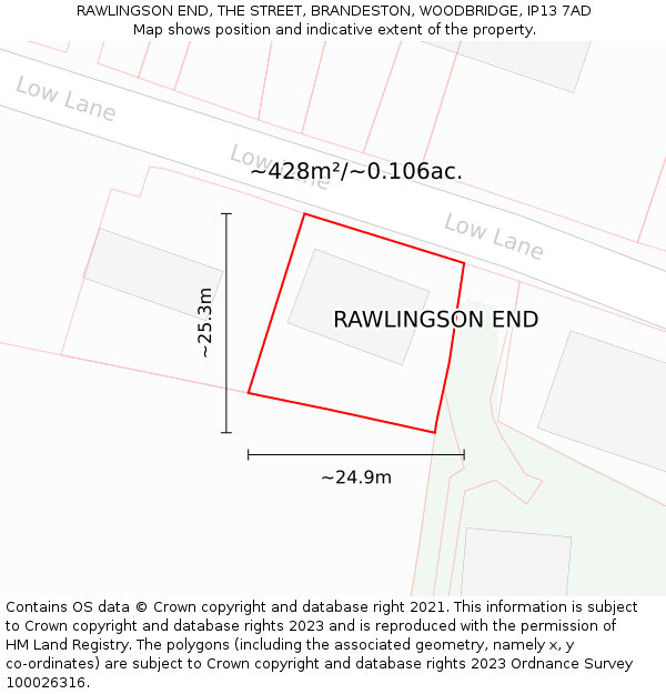 RAWLINGSON END, THE STREET, BRANDESTON, WOODBRIDGE, IP13 7AD: Plot and title map