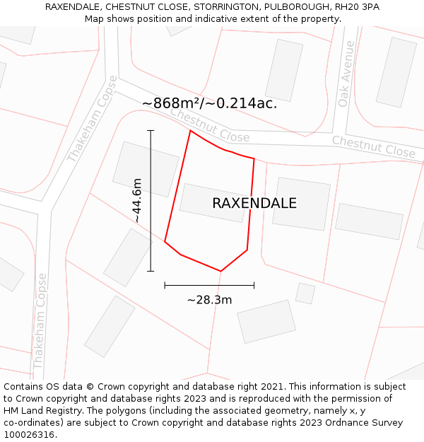 RAXENDALE, CHESTNUT CLOSE, STORRINGTON, PULBOROUGH, RH20 3PA: Plot and title map
