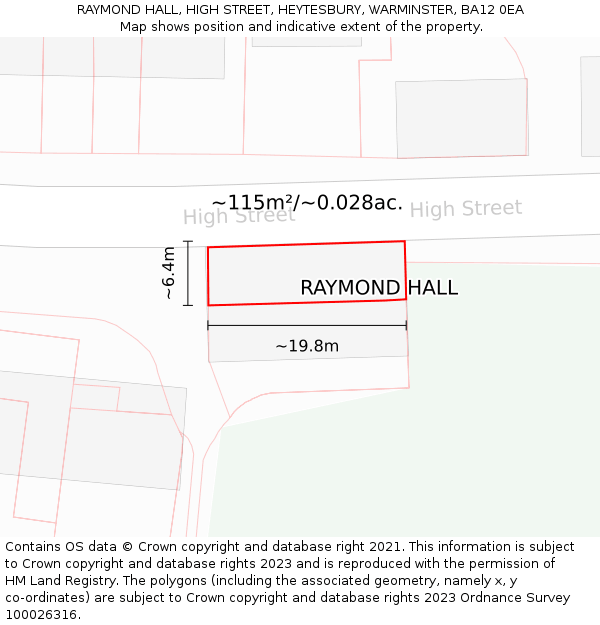 RAYMOND HALL, HIGH STREET, HEYTESBURY, WARMINSTER, BA12 0EA: Plot and title map
