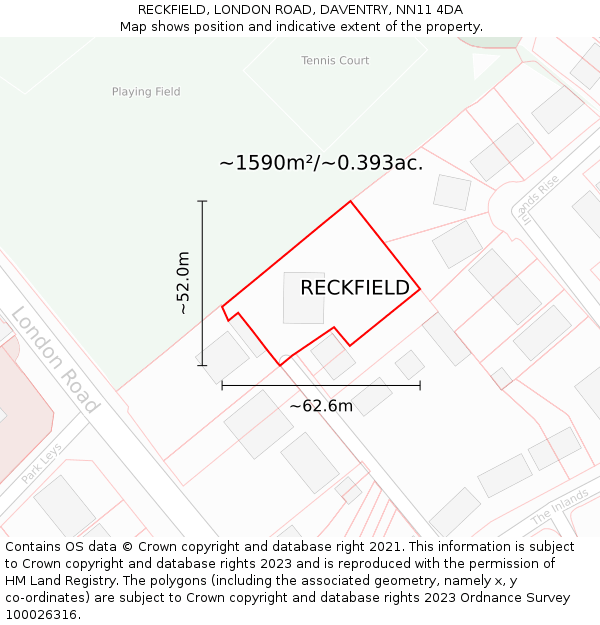RECKFIELD, LONDON ROAD, DAVENTRY, NN11 4DA: Plot and title map