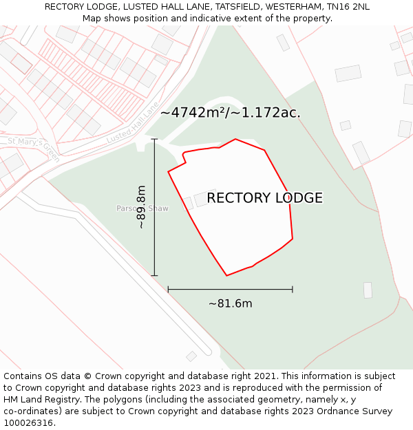RECTORY LODGE, LUSTED HALL LANE, TATSFIELD, WESTERHAM, TN16 2NL: Plot and title map