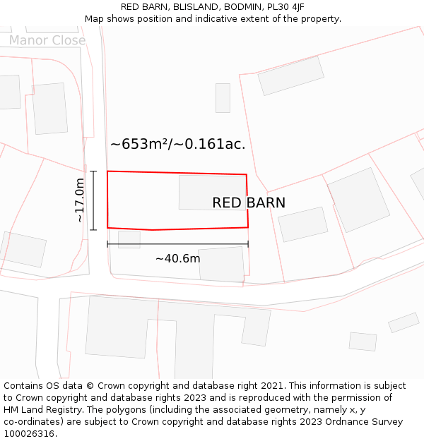 RED BARN, BLISLAND, BODMIN, PL30 4JF: Plot and title map
