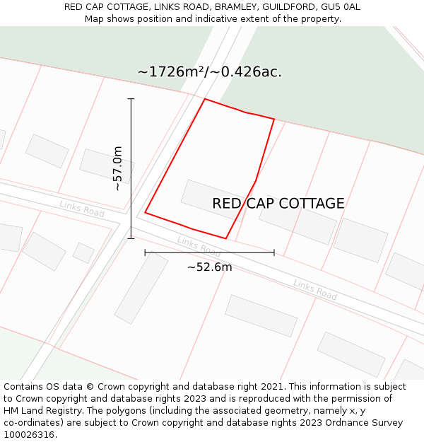 RED CAP COTTAGE, LINKS ROAD, BRAMLEY, GUILDFORD, GU5 0AL: Plot and title map