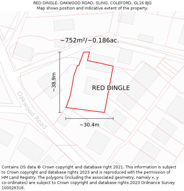 RED DINGLE, OAKWOOD ROAD, SLING, COLEFORD, GL16 8JG: Plot and title map