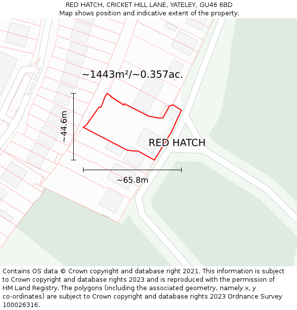 RED HATCH, CRICKET HILL LANE, YATELEY, GU46 6BD: Plot and title map