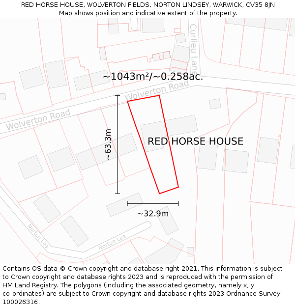 RED HORSE HOUSE, WOLVERTON FIELDS, NORTON LINDSEY, WARWICK, CV35 8JN: Plot and title map