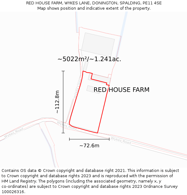 RED HOUSE FARM, WYKES LANE, DONINGTON, SPALDING, PE11 4SE: Plot and title map