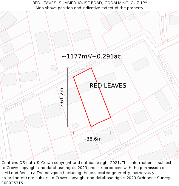 RED LEAVES, SUMMERHOUSE ROAD, GODALMING, GU7 1PY: Plot and title map