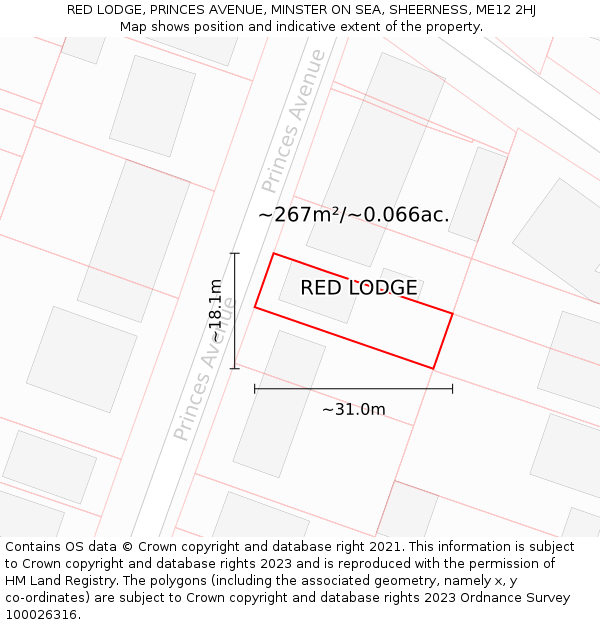 RED LODGE, PRINCES AVENUE, MINSTER ON SEA, SHEERNESS, ME12 2HJ: Plot and title map