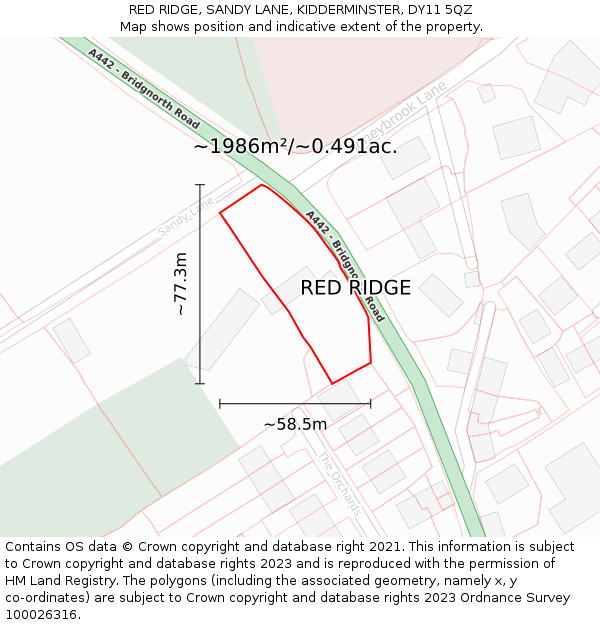 RED RIDGE, SANDY LANE, KIDDERMINSTER, DY11 5QZ: Plot and title map