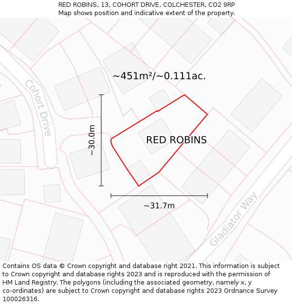 RED ROBINS, 13, COHORT DRIVE, COLCHESTER, CO2 9RP: Plot and title map