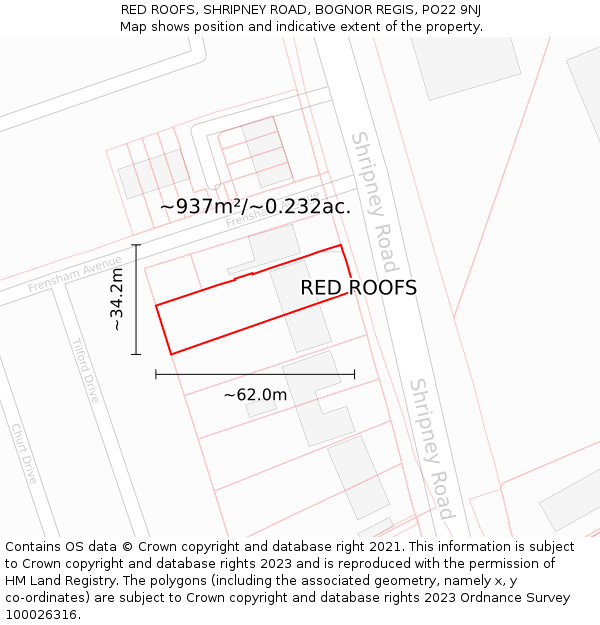 RED ROOFS, SHRIPNEY ROAD, BOGNOR REGIS, PO22 9NJ: Plot and title map