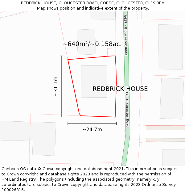REDBRICK HOUSE, GLOUCESTER ROAD, CORSE, GLOUCESTER, GL19 3RA: Plot and title map