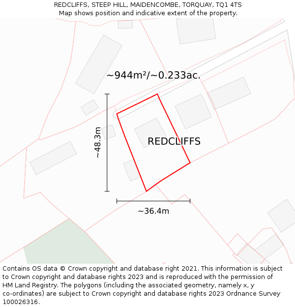 REDCLIFFS, STEEP HILL, MAIDENCOMBE, TORQUAY, TQ1 4TS: Plot and title map
