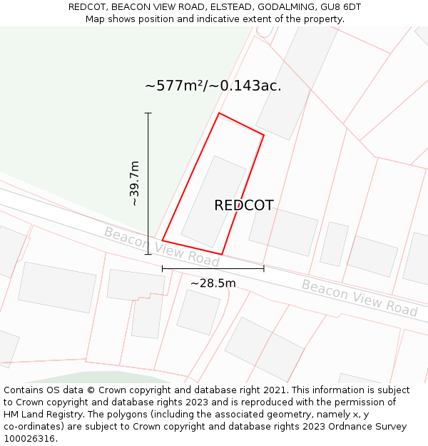 REDCOT, BEACON VIEW ROAD, ELSTEAD, GODALMING, GU8 6DT: Plot and title map