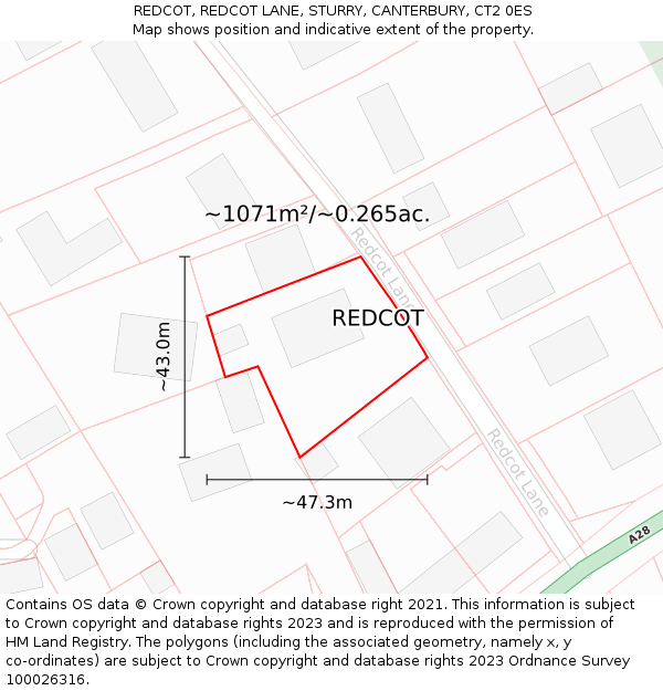 REDCOT, REDCOT LANE, STURRY, CANTERBURY, CT2 0ES: Plot and title map
