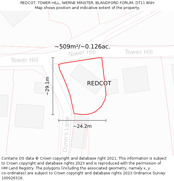 REDCOT, TOWER HILL, IWERNE MINSTER, BLANDFORD FORUM, DT11 8NH: Plot and title map