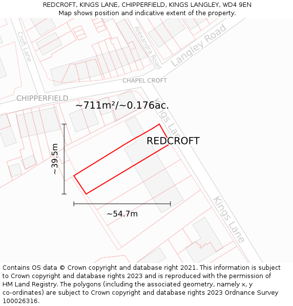 REDCROFT, KINGS LANE, CHIPPERFIELD, KINGS LANGLEY, WD4 9EN: Plot and title map