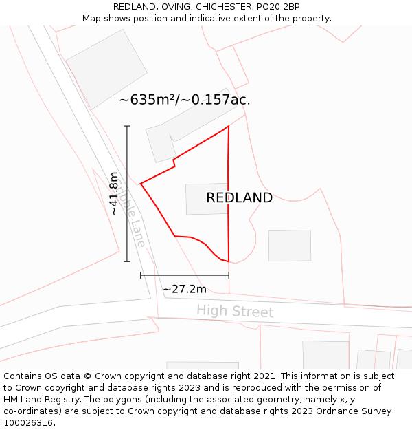 REDLAND, OVING, CHICHESTER, PO20 2BP: Plot and title map