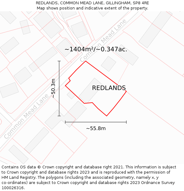 REDLANDS, COMMON MEAD LANE, GILLINGHAM, SP8 4RE: Plot and title map