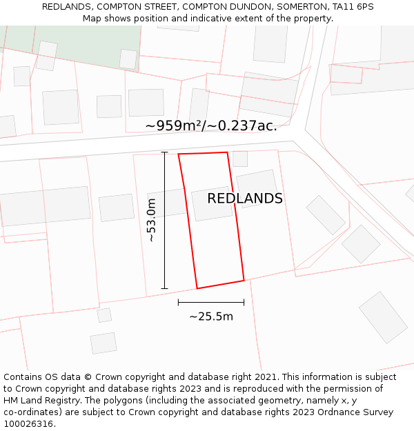 REDLANDS, COMPTON STREET, COMPTON DUNDON, SOMERTON, TA11 6PS: Plot and title map