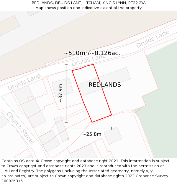 REDLANDS, DRUIDS LANE, LITCHAM, KING'S LYNN, PE32 2YA: Plot and title map